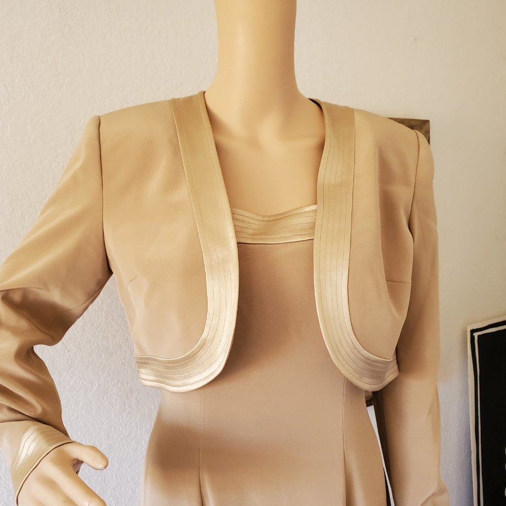 OLEG CASSINI Black Tie Tan Nude Sheath Gown Dress Bolero Jacket SET  Petite 6P